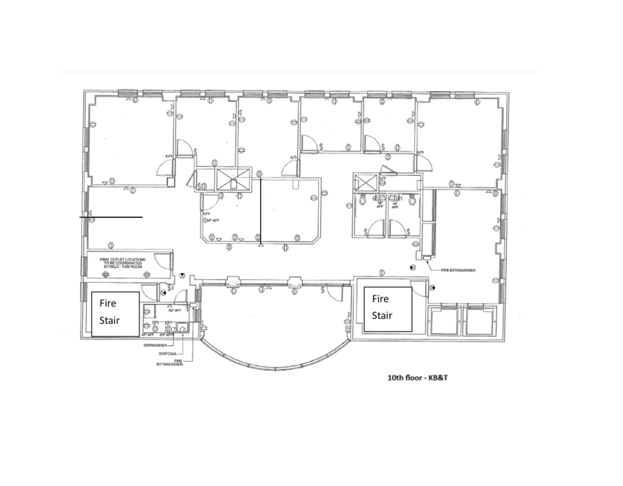 Supplied drawing labeled 10th floor - KB&T, showing rooms, doors, corridors and fire stairs