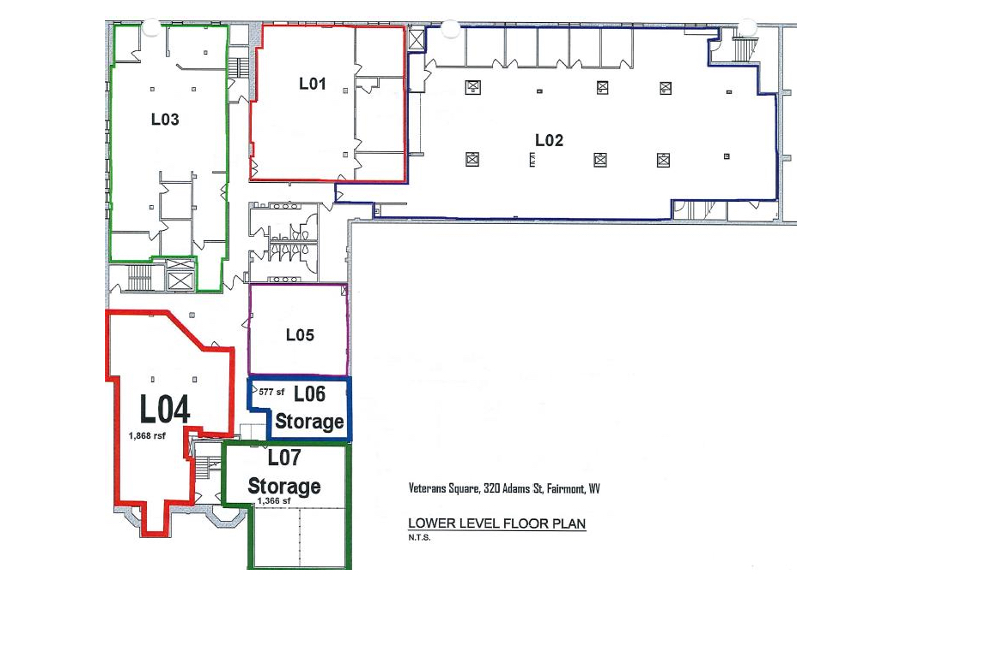 Veterans Square lower-level plan showing available suites L04 in red and L05 in purple; other suites are shown for orientation.